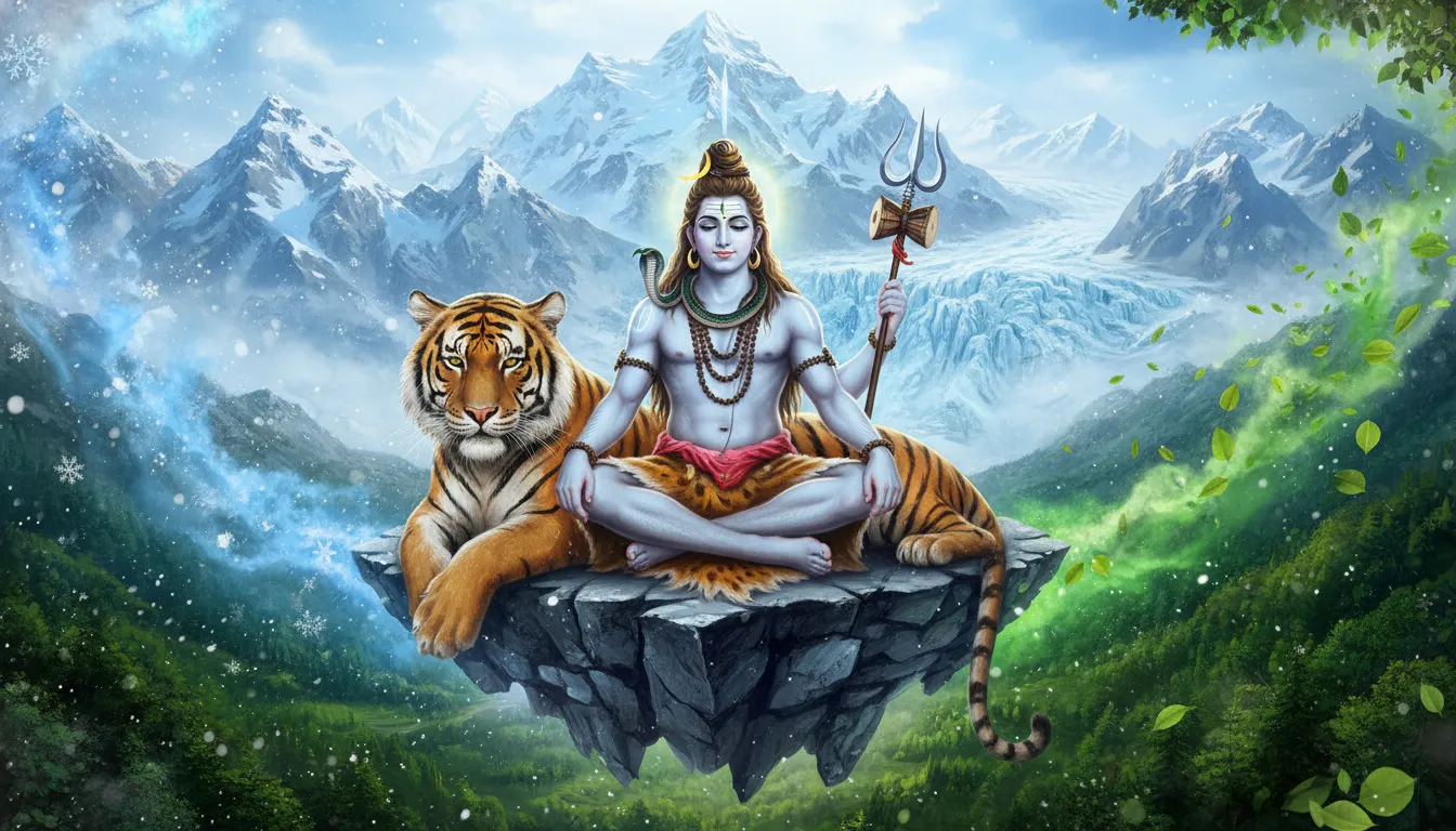 Lord Shiva sitting on tiger with snowy mountain and green forest background