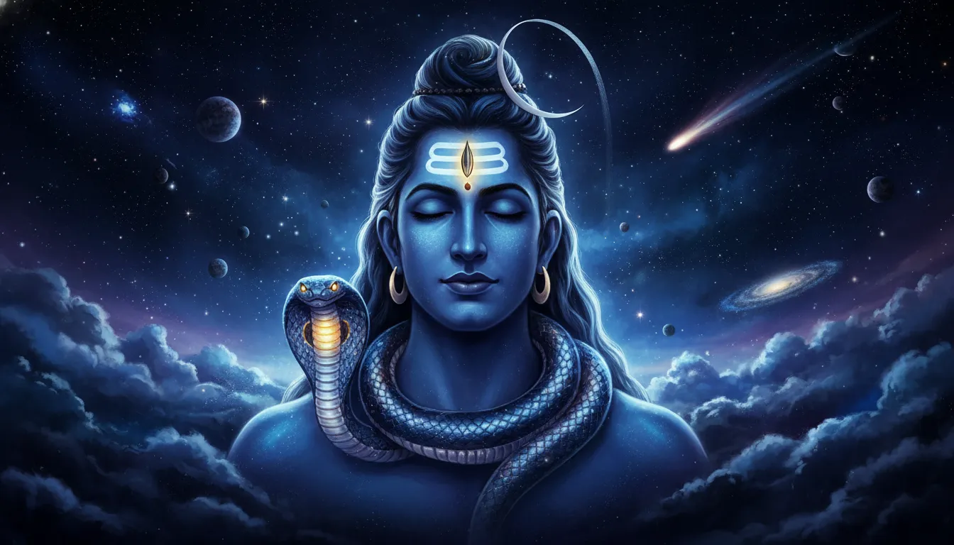 Shiva with snake on floating islands fantasy landscape waterfall