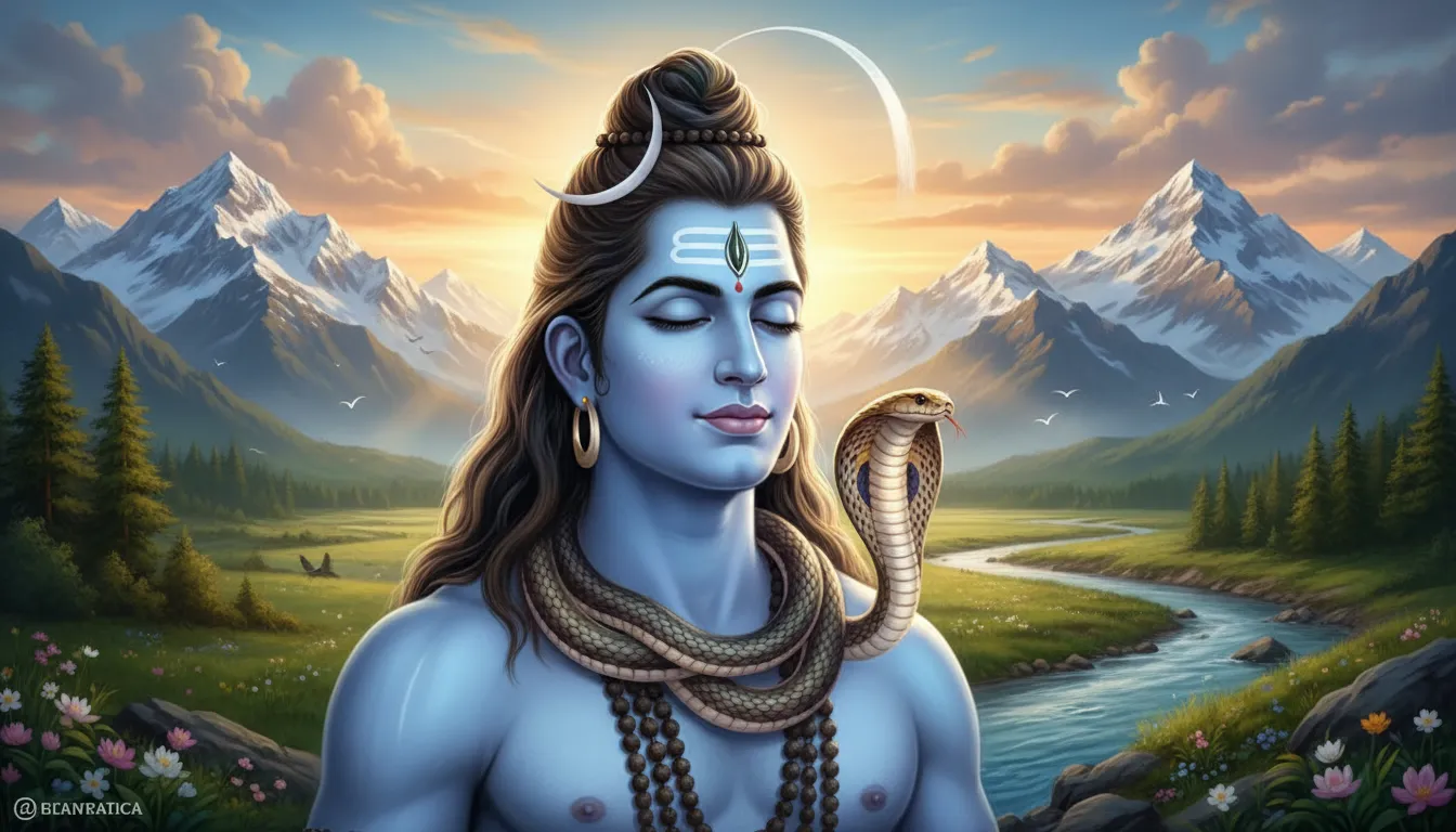 Shiva with snake at ocean twilight landscape with waves and sunset