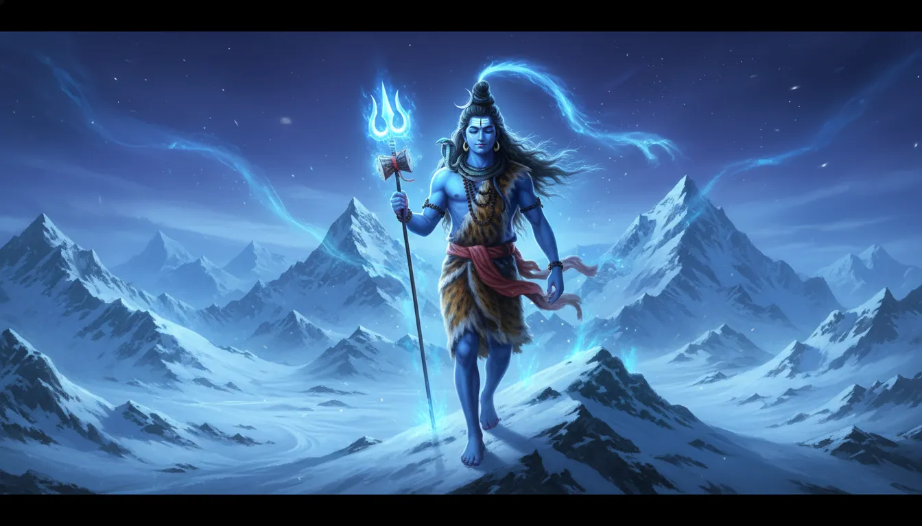 Lord Shiva radiating divine blue light while walking on the snow-capped Himalayas.
