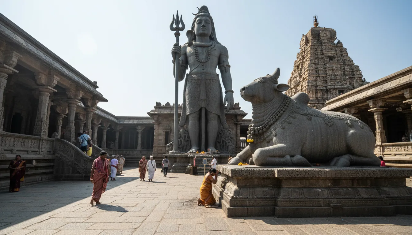 Lord Shiva statue standing before Nandi bull in temple courtyard