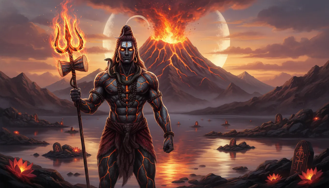 : Lord Shiva standing near a calm lake at sunset while holding a trident and drum.