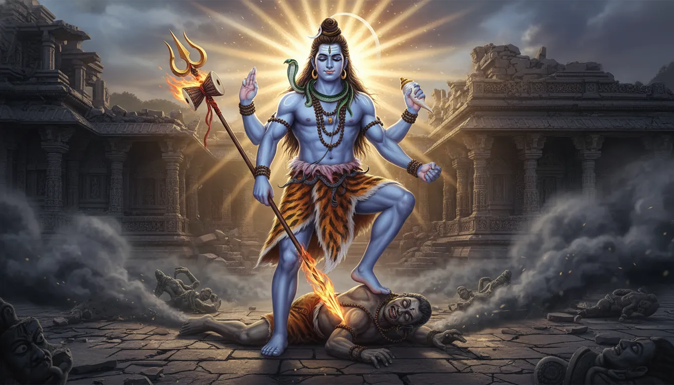 Lord Shiva standing victoriously over the demon Apasmara while holding a powerful trishul.