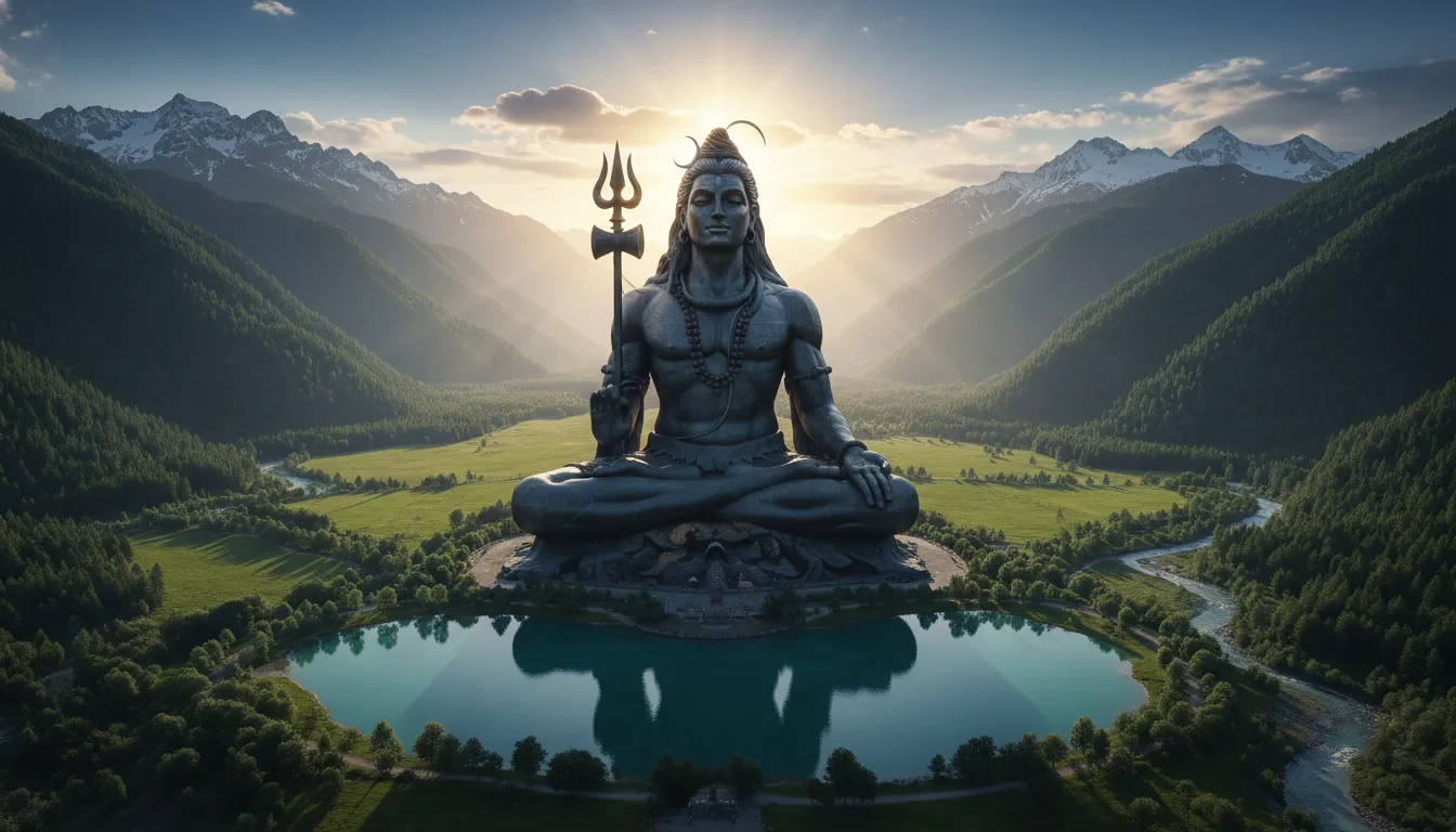 Large black Shiva statue above a scenic mountain lake with green valleys, blue sky, and sunlight.