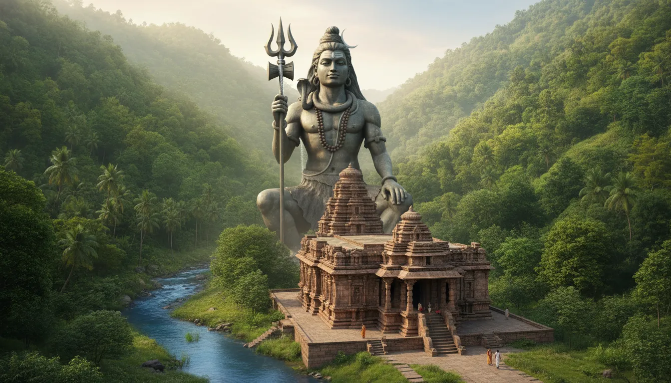 A large statue of Lord Shiva rises above a small temple structure in a green valley surrounded by forested hills.
