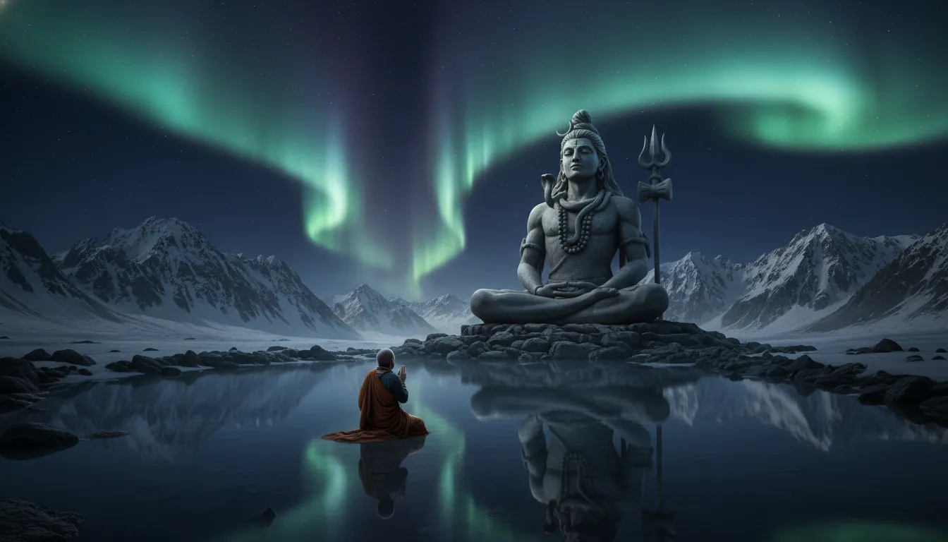 Large Shiva statue seated by reflective water under green aurora lights with a kneeling devotee