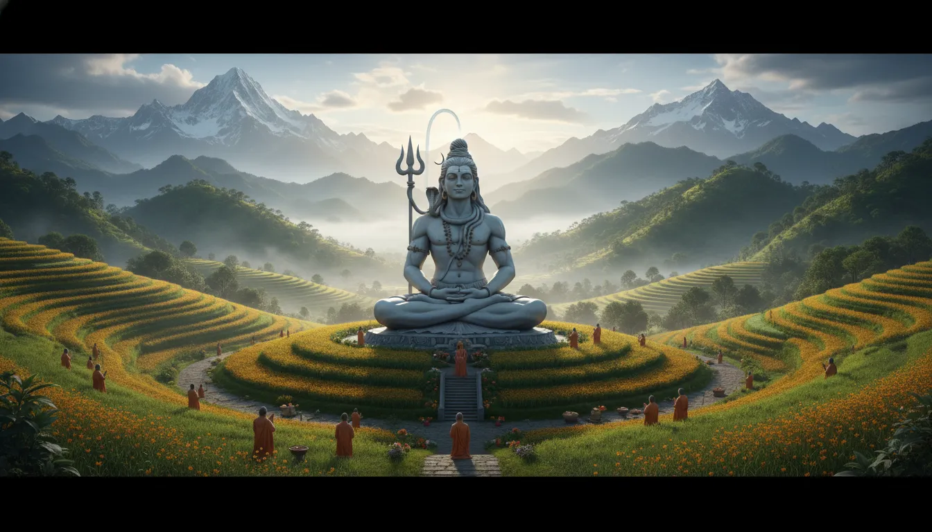 Shiva statue placed among lush terraced fields with devotional figures and mountain scenery