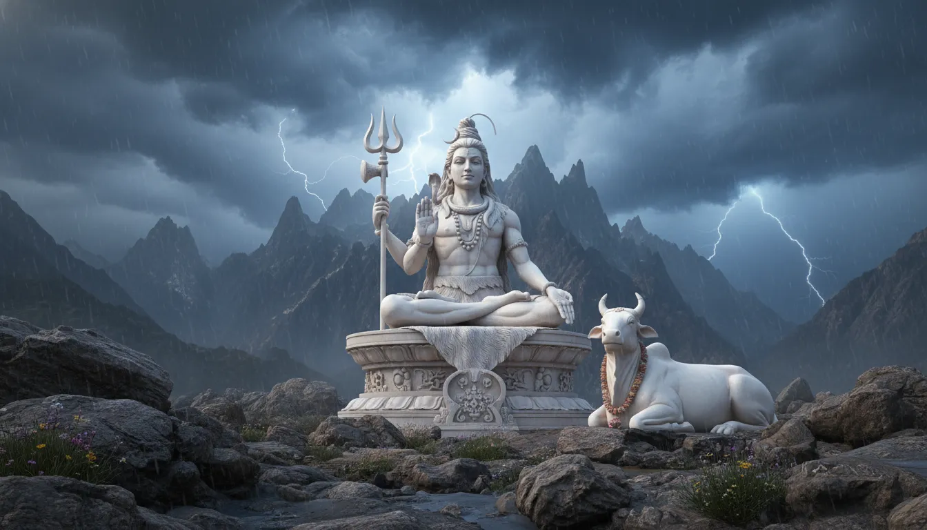 Light-colored Shiva statue seated beside a bull with a trident under dramatic storm clouds