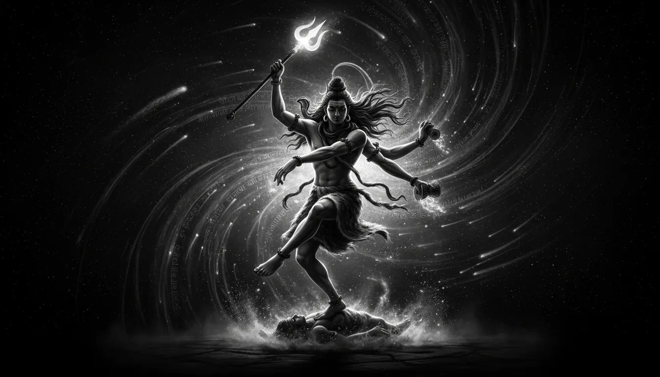 Artistic black and white depiction of Lord Shiva performing the cosmic Tandava dance