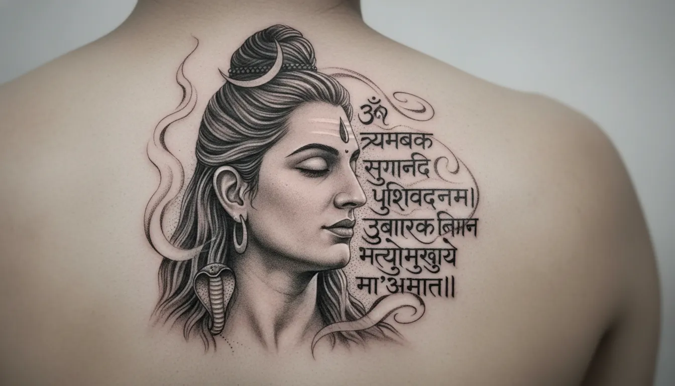 Scripted Mahadev tattoo photo with Sanskrit mantra on shoulder