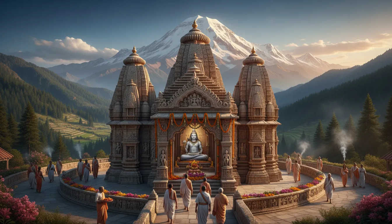 Shiva temple with Mount Kailash background spiritual landscape