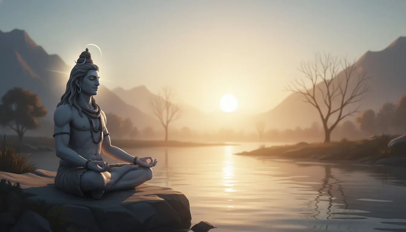 Minimal Lord Shiva meditation art near river during sunrise