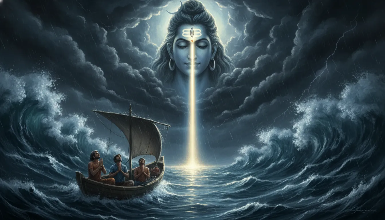 Lord Shiva opening his third eye to light up a dark stormy sea and guide a lost boat
