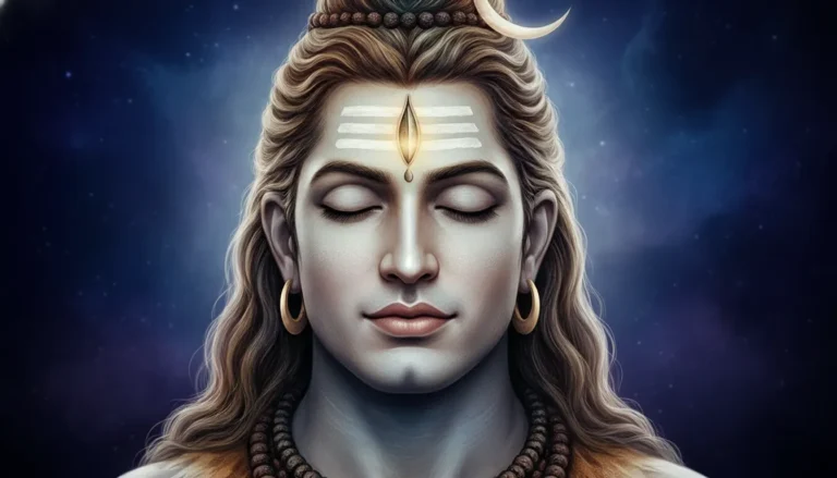Close up artwork of Lord Shiva in meditation with his third eye slightly visible under a luminous crescent moon.
