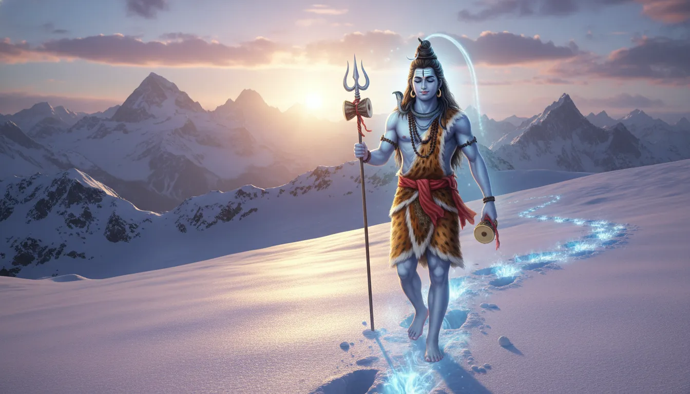 Lord Shiva walking on bright, sunlit snowy crests with a gentle and warm blue aura.