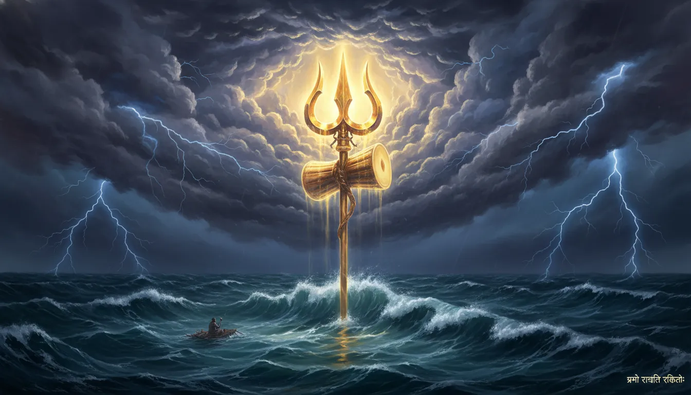 Glowing trident of Shiva cutting through dark thunderclouds above a rough ocean
