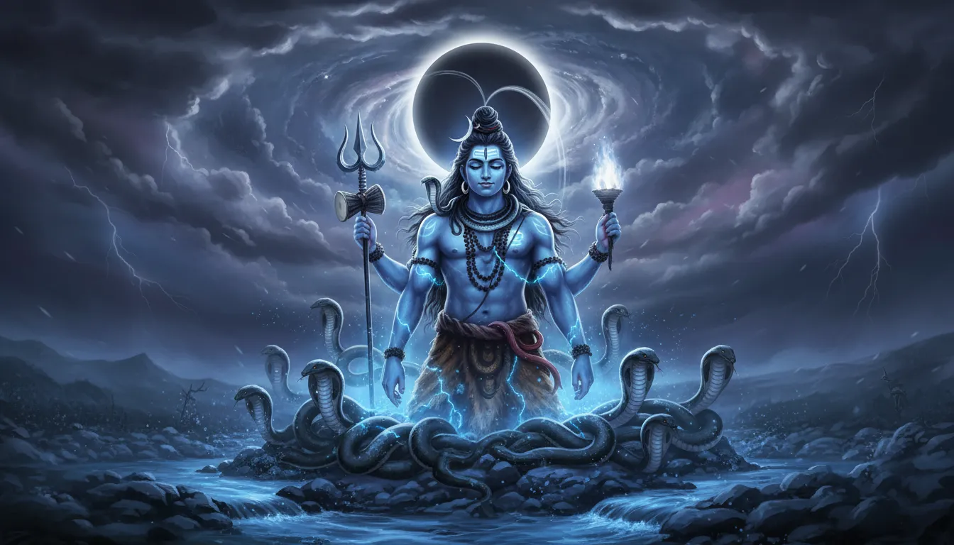 Lord Shiva under a black eclipse moon with snakes around him and glowing blue energy.
