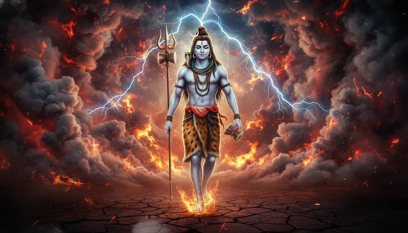 Lord Shiva walking forward confidently out of a background of fire and lightning