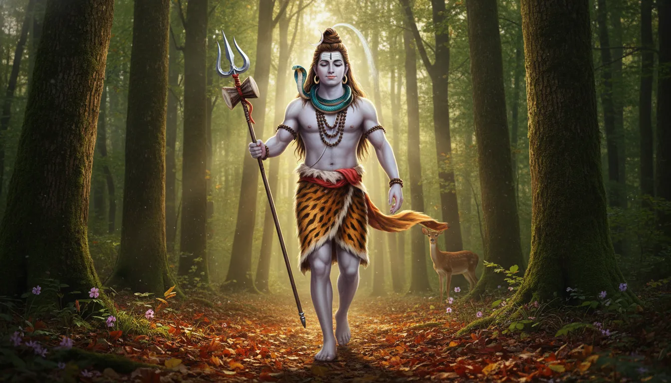 Shiva walking forward with trishul and serpent, green forest nature background