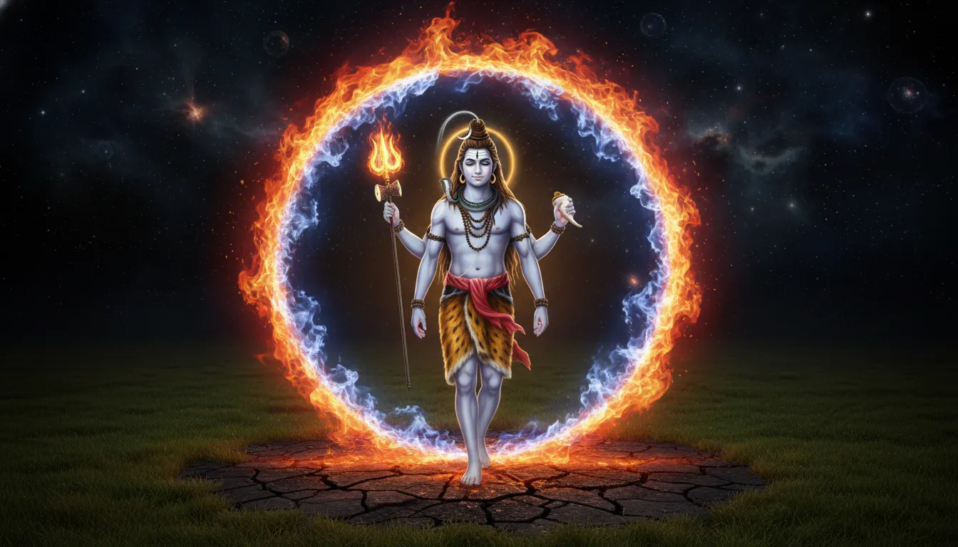 Lord Shiva walking through circular ring of fire with trident