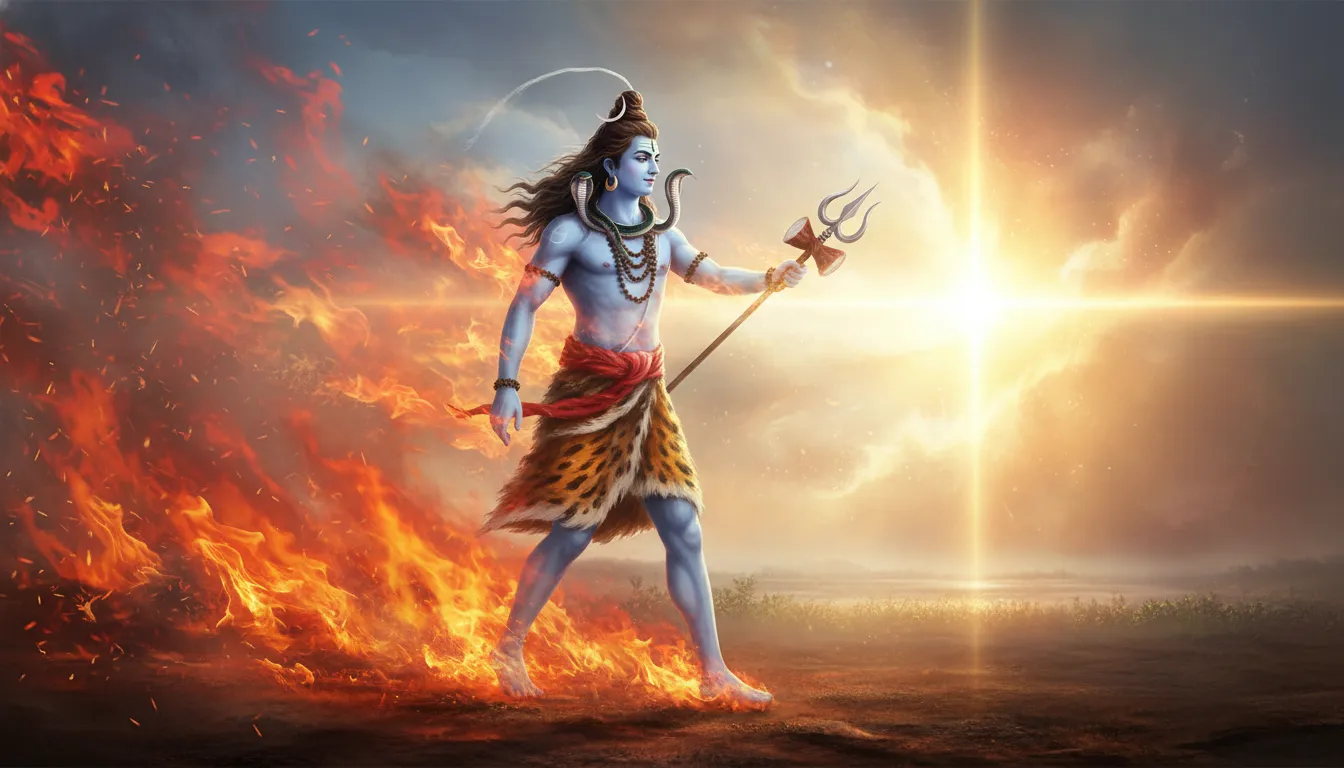 Lord Shiva walking through divine flames toward distant light