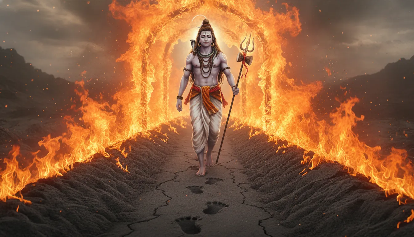 Lord Shiva walking through fire and ash with trident