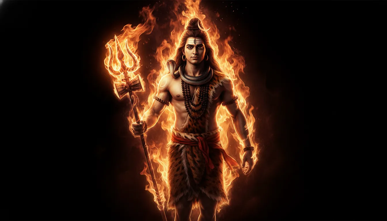 Lord Shiva walking through divine flames at night with fire as only illumination
