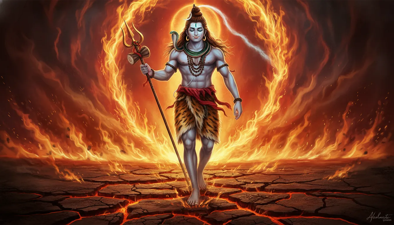 Lord Shiva walking through divine flames with ground cracking beneath feet