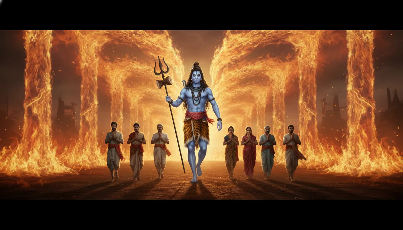 Lord Shiva walking through divine flames with devotees following behind protected