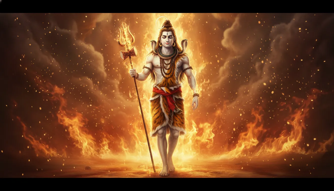 Lord Shiva walking through divine flames with floating embers and sparks around