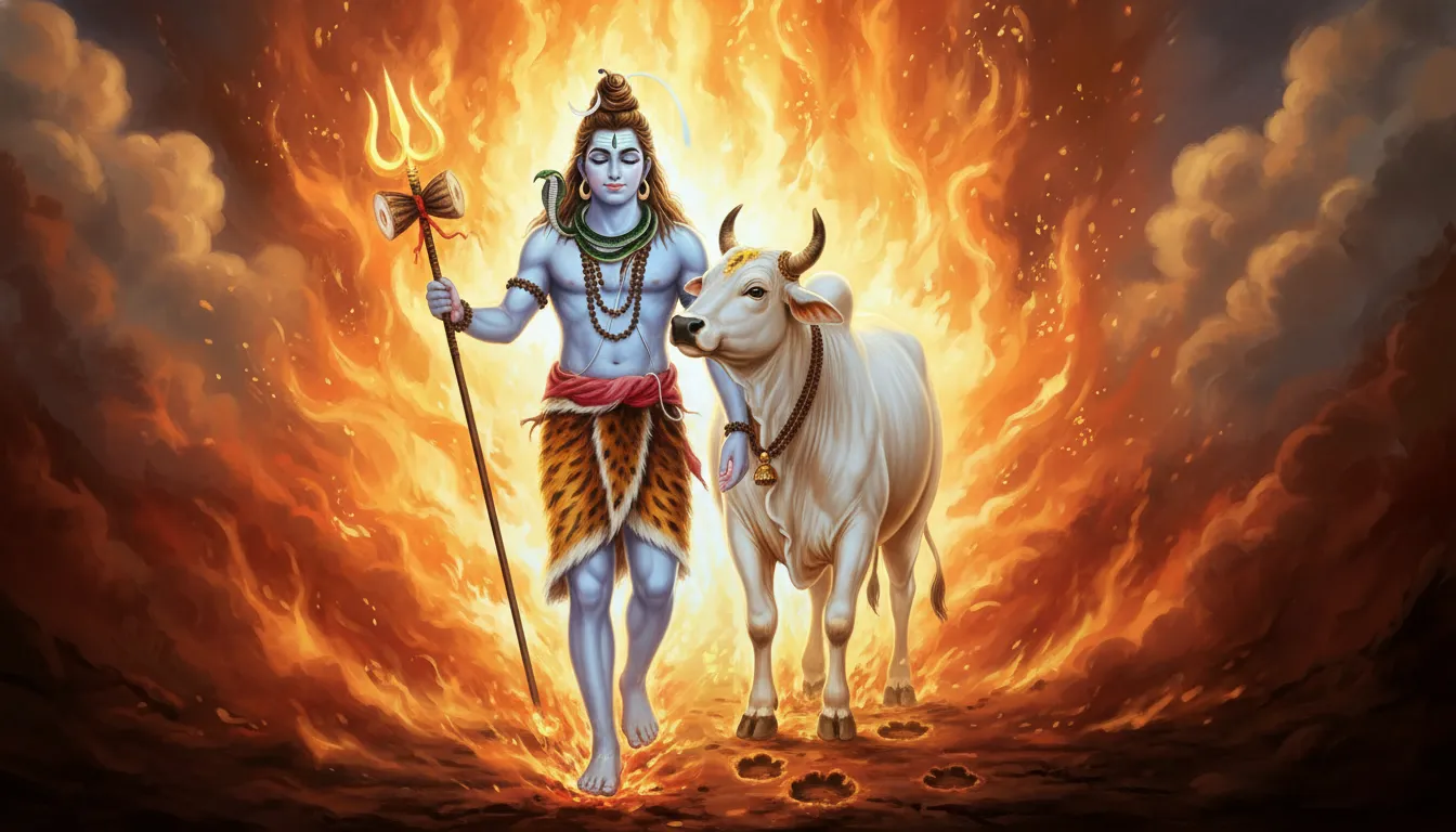 Lord Shiva walking through divine flames with Nandi the bull following