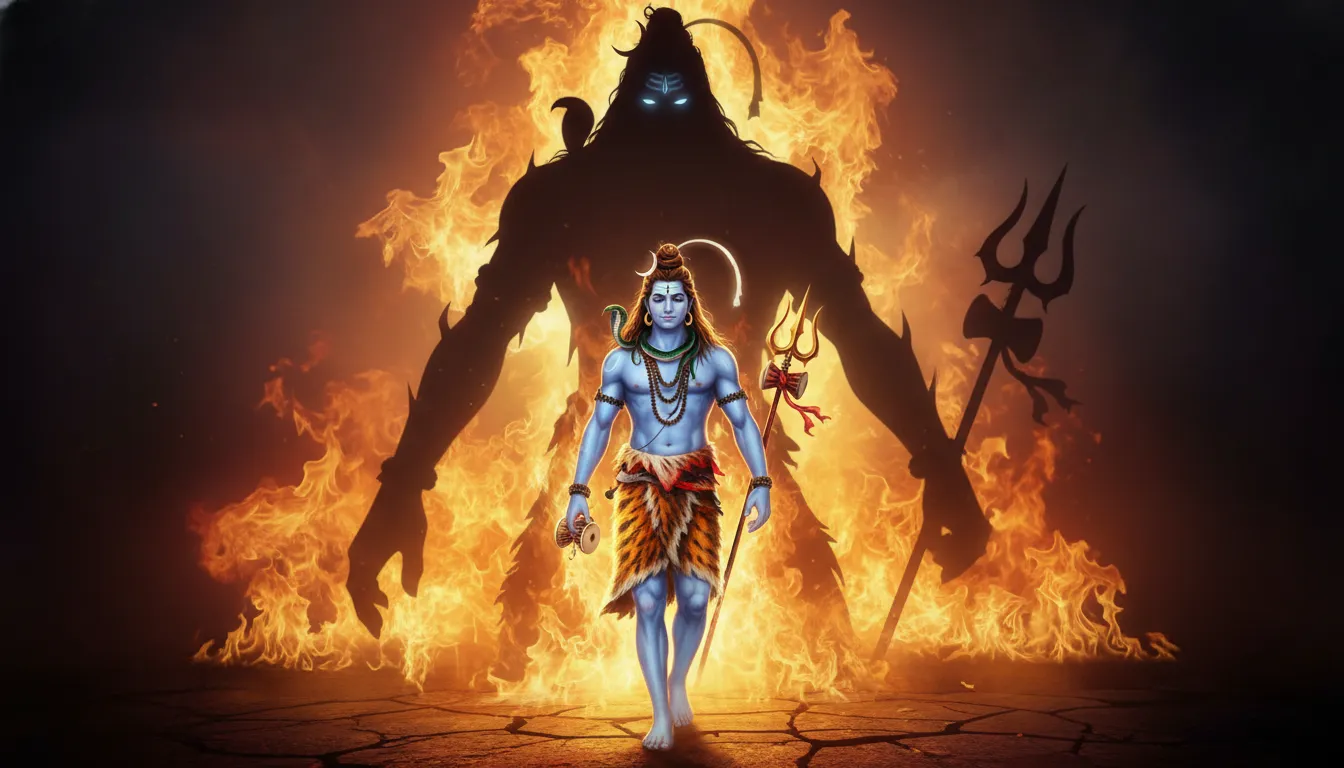 Lord Shiva walking through divine flames with large shadow behind
