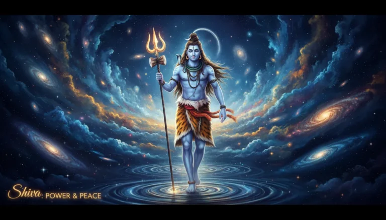 Shiva walking with a trident, emanating cosmic energy in a serene atmosphere