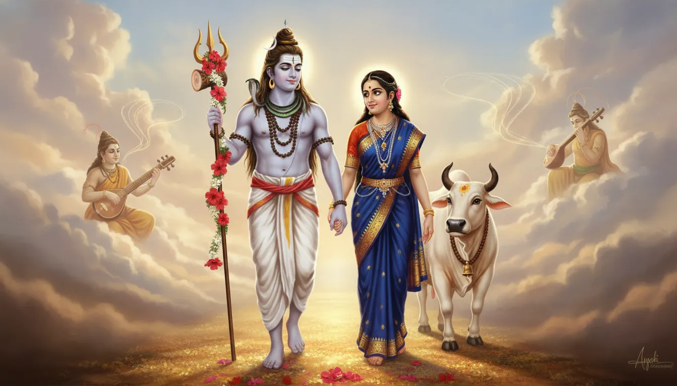 Lord Shiva walking alongside Goddess Parvati and Nandi bull holding a decorated trident