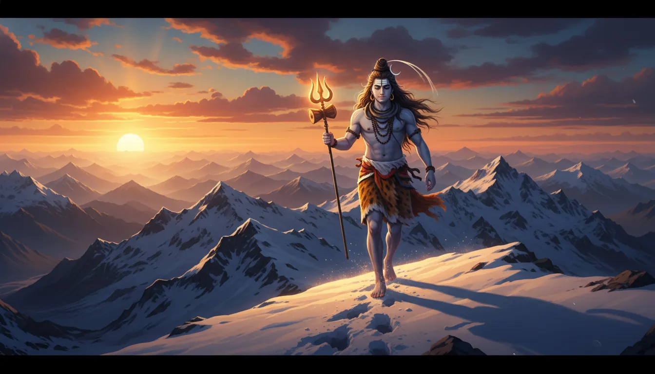 Lord Shiva walking on Mount Kailash at sunset holding a glowing trident