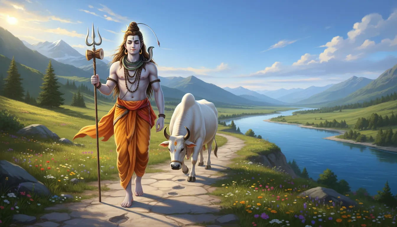 Lord Shiva walking with Nandi bull following behind him