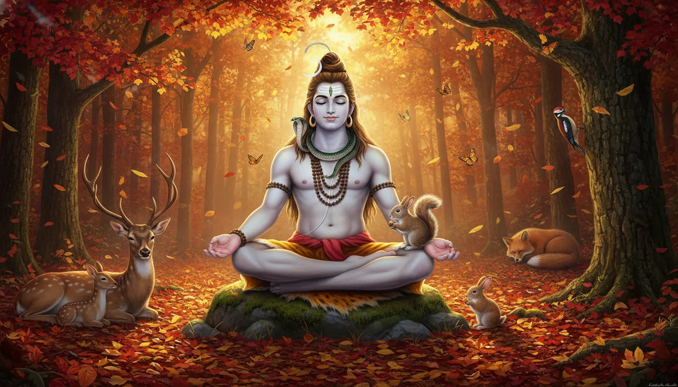 Lord Shiva meditating in autumn forest with deer and rabbits sitting near him