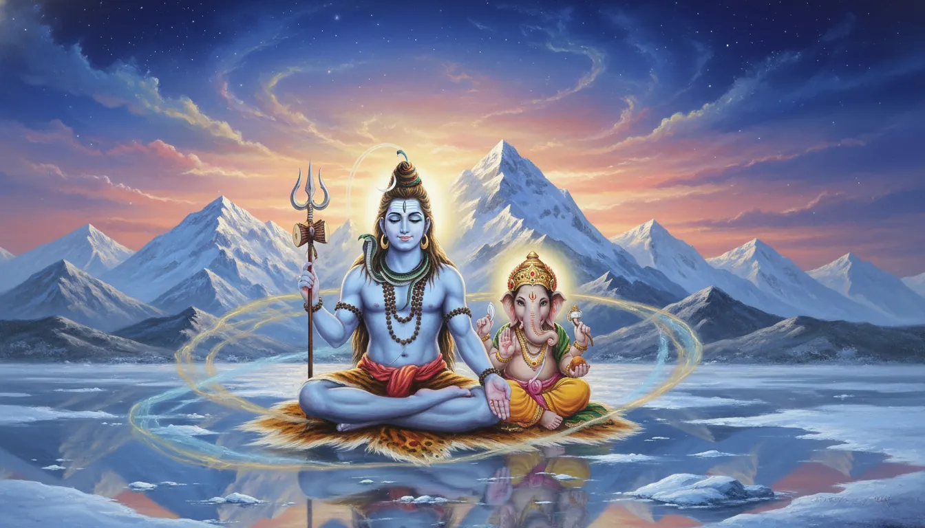 Lord Shiva and Ganesha with Himalayan mountains