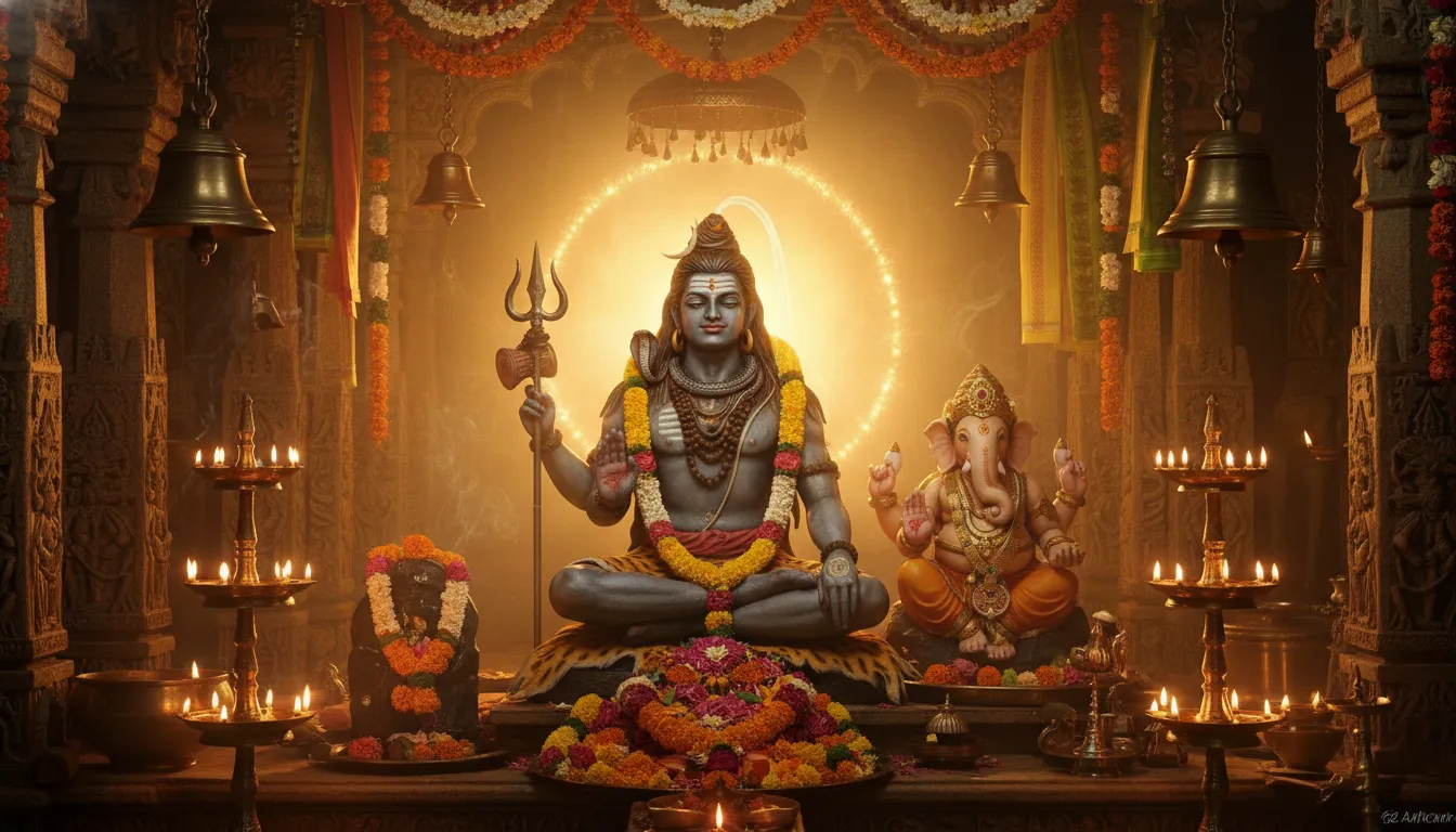 Lord Shiva with Ganesha inside a glowing temple