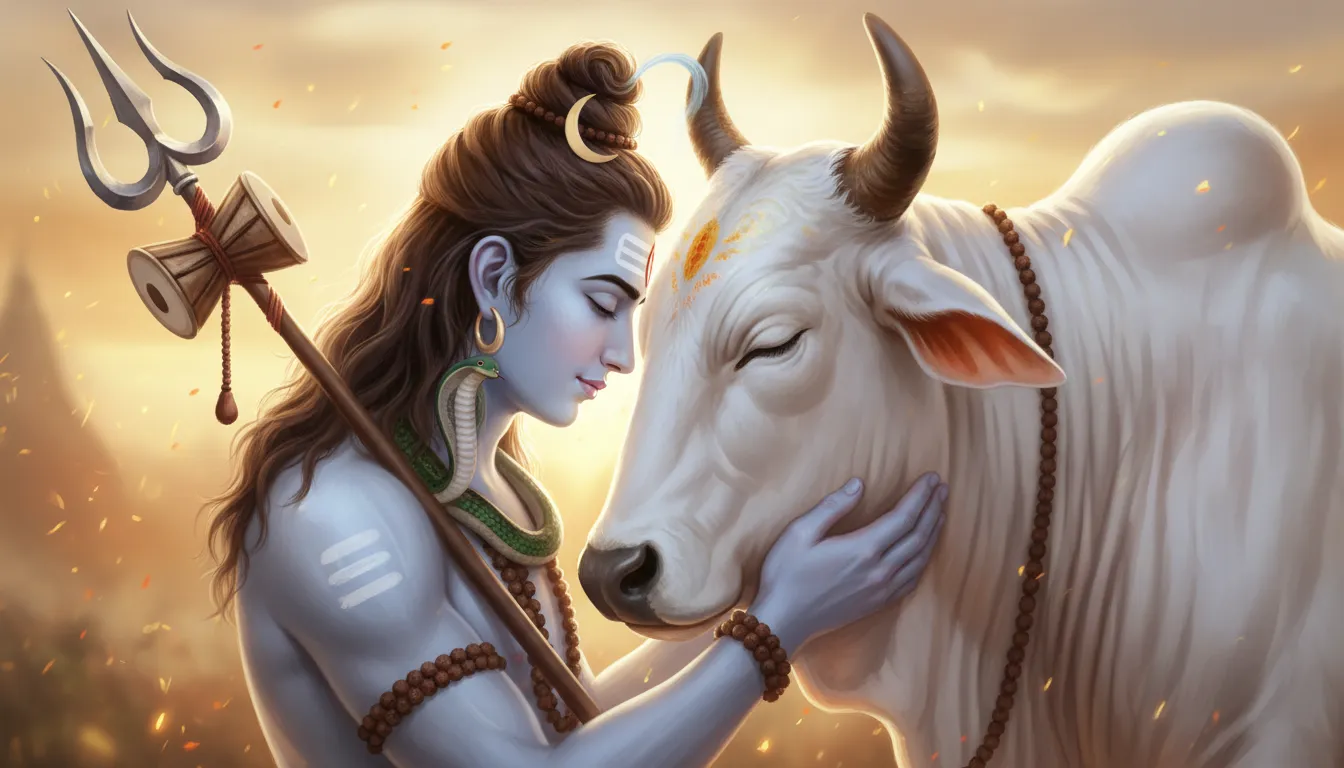 Lord Shiva and Nandi face to face close bond touching foreheads