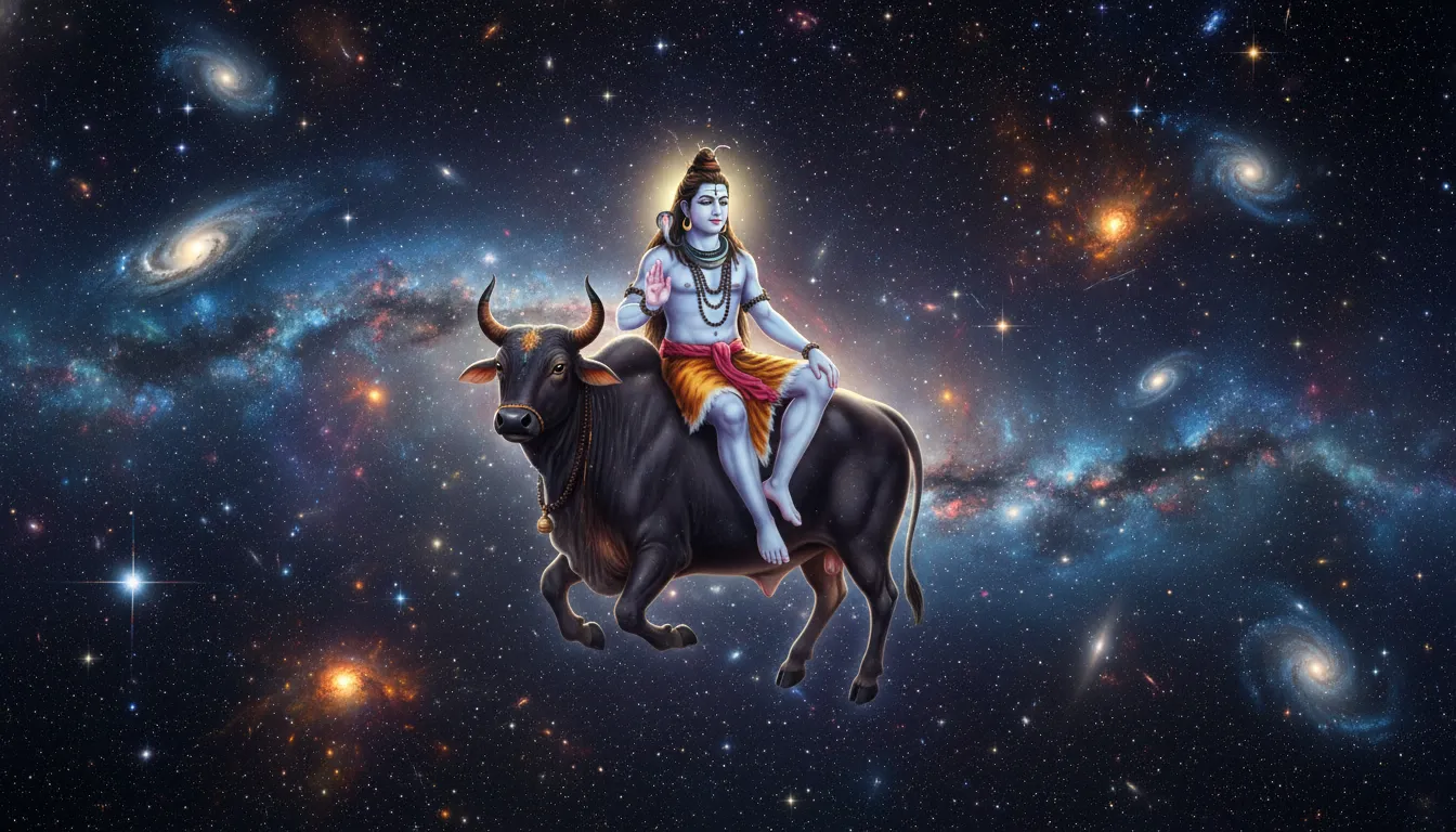 Lord Shiva and Nandi floating together in cosmic space with stars