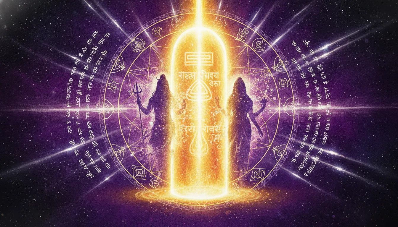 Silhouettes of Shiva and Parvati merging into a massive pillar of cosmic golden light.