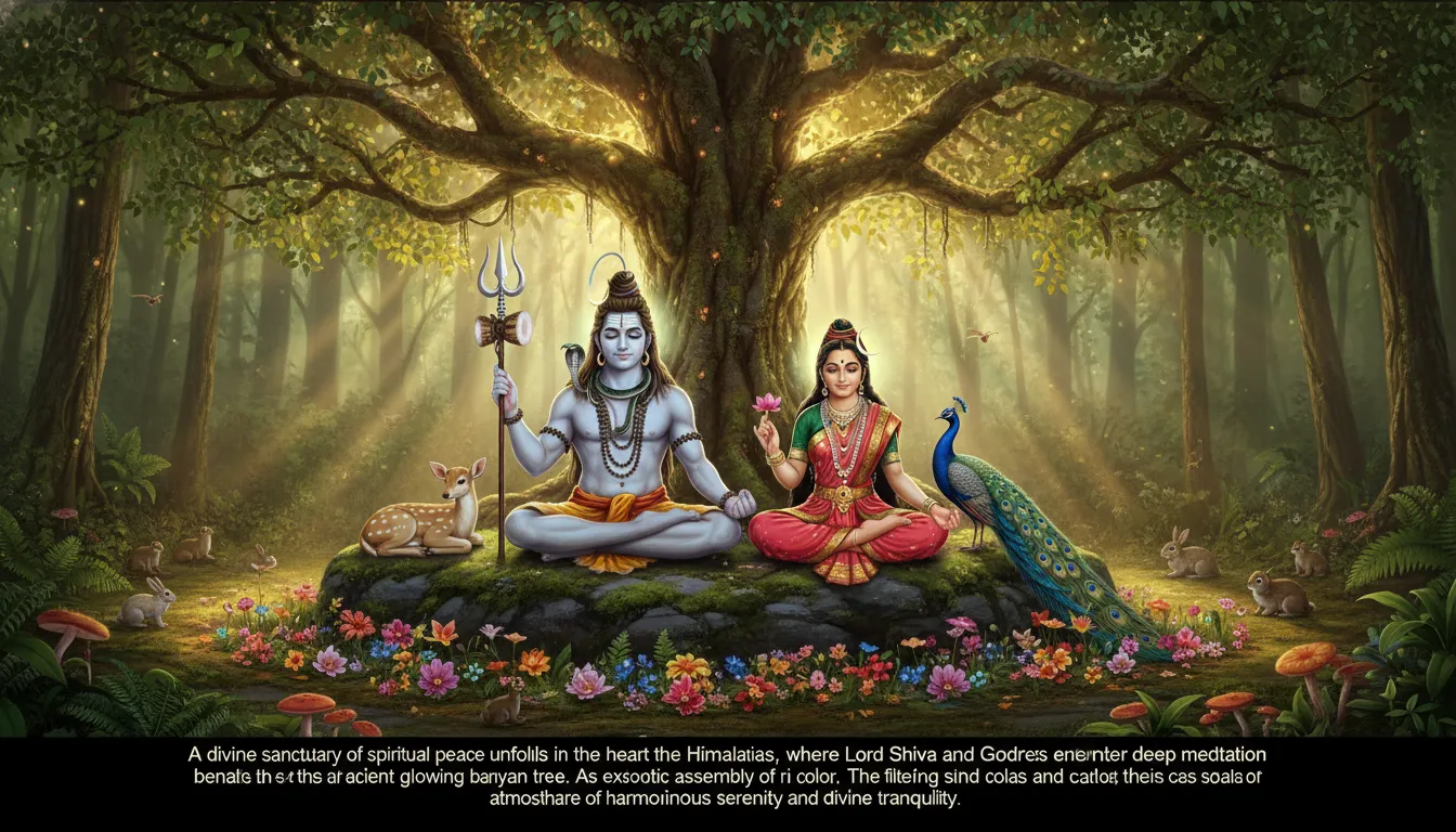Lord Shiva and Parvati sitting side by side in deep meditation under a glowing banyan tree.