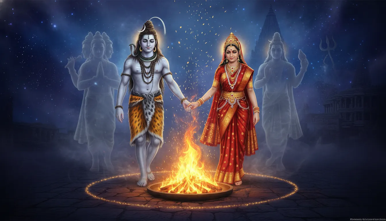 Shiva holding Parvati’s hand during the sacred wedding ritual around the holy fire.