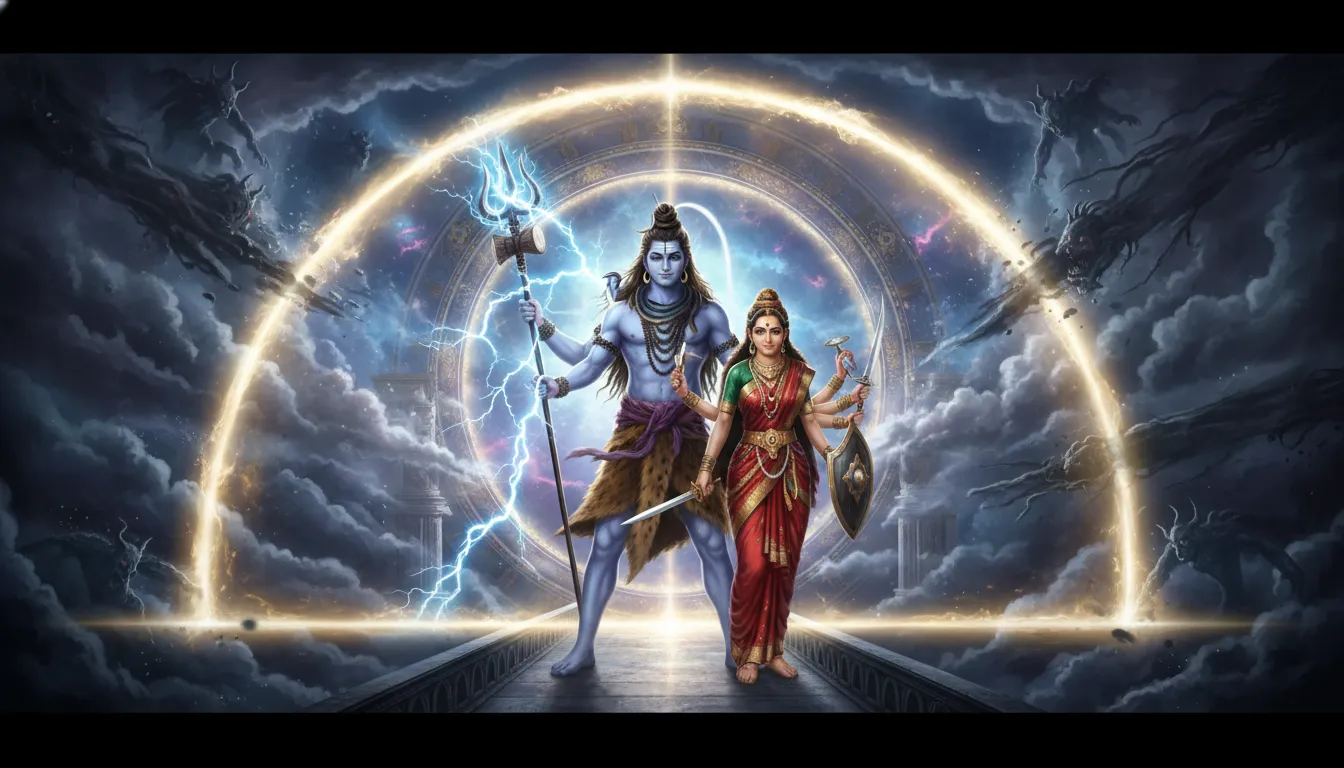 Fearless Shiva with his Trishul and powerful Parvati as Durga guarding the cosmic gateway.