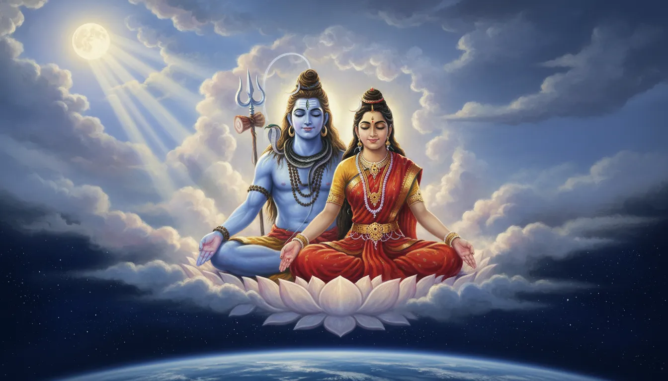 Shiva and Parvati sitting majestically on a snowy throne under a bright lunar sky