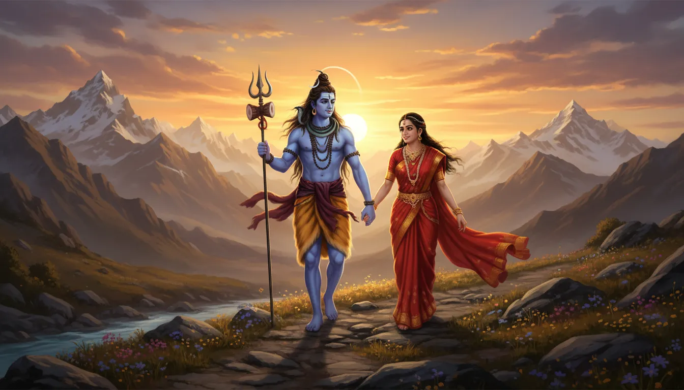 Lord Shiva and Parvati walking together at sunset golden sky Himalayan background