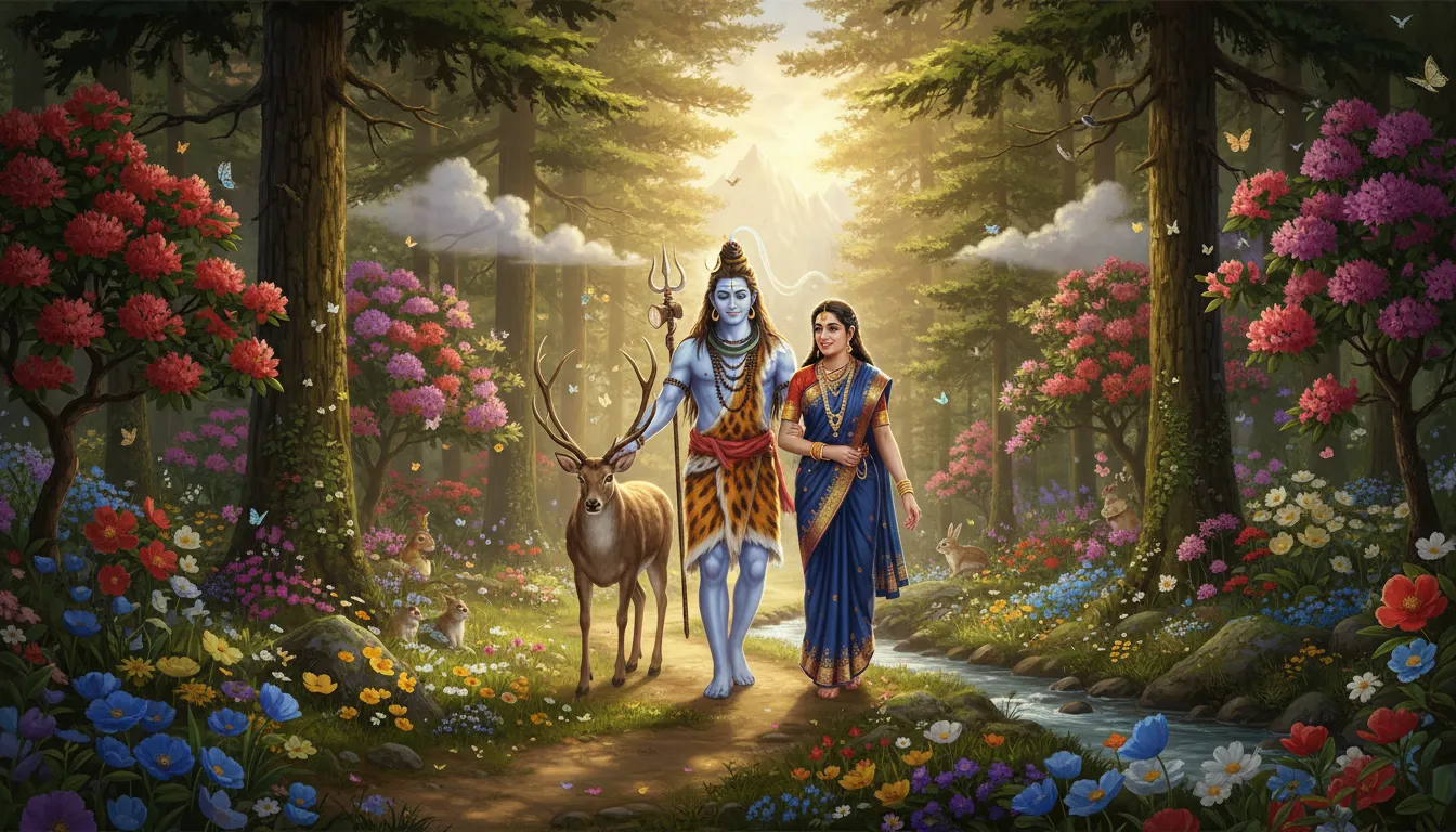 Lord Shiva and Parvati walking through Himalayan forest with deer and flowers