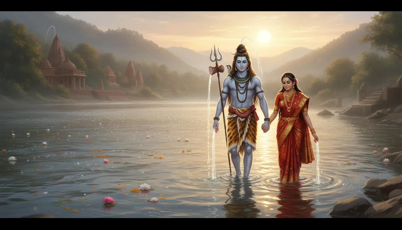 Lord Shiva and Parvati walking beside the flowing Ganga river Himalayas