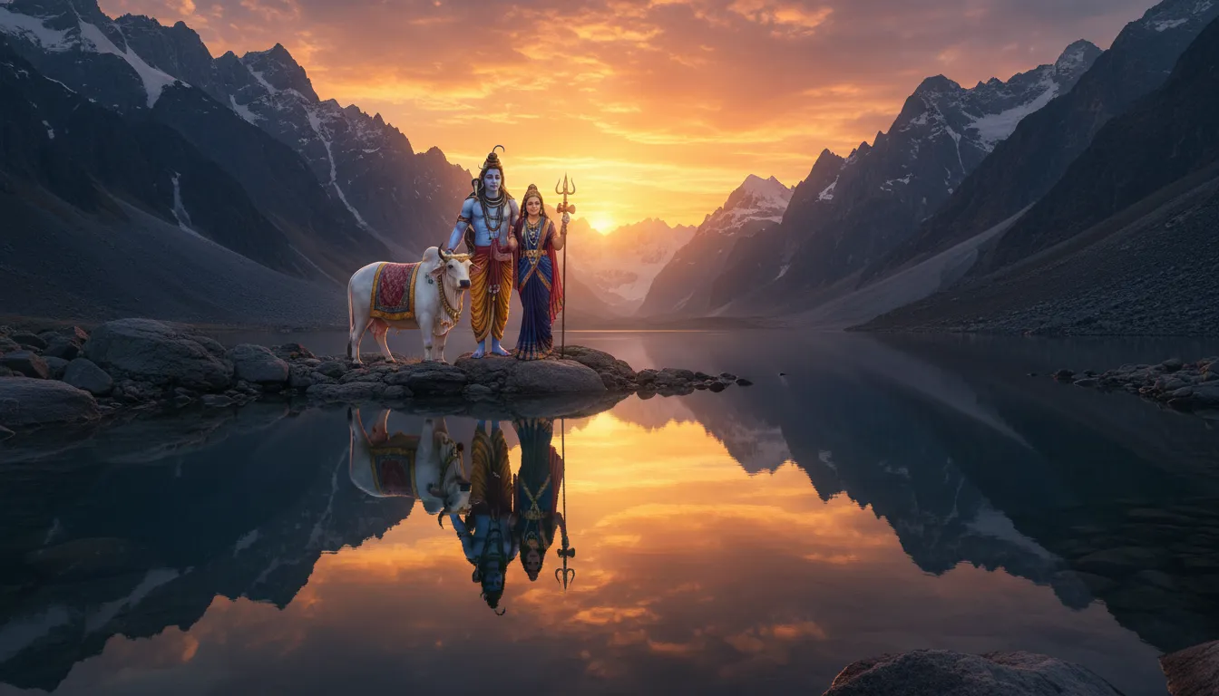 Lord Shiva, Goddess Parvati, and a white bull stand in a mountain valley reflected in a calm lake at sunset.